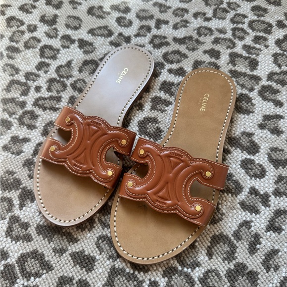 Celine Tan Leather Slide Sandals - Picture 1 of 4
